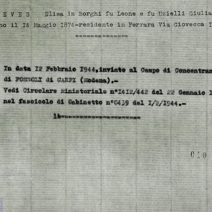 Questura, Gabinetto, categoria A8 ebrei, b. 7, fasc. 153 Elisa Treves, Nota relativa al trasferimento di Elisa Treves al campo di transito di Fossoli (Carmi, MO).